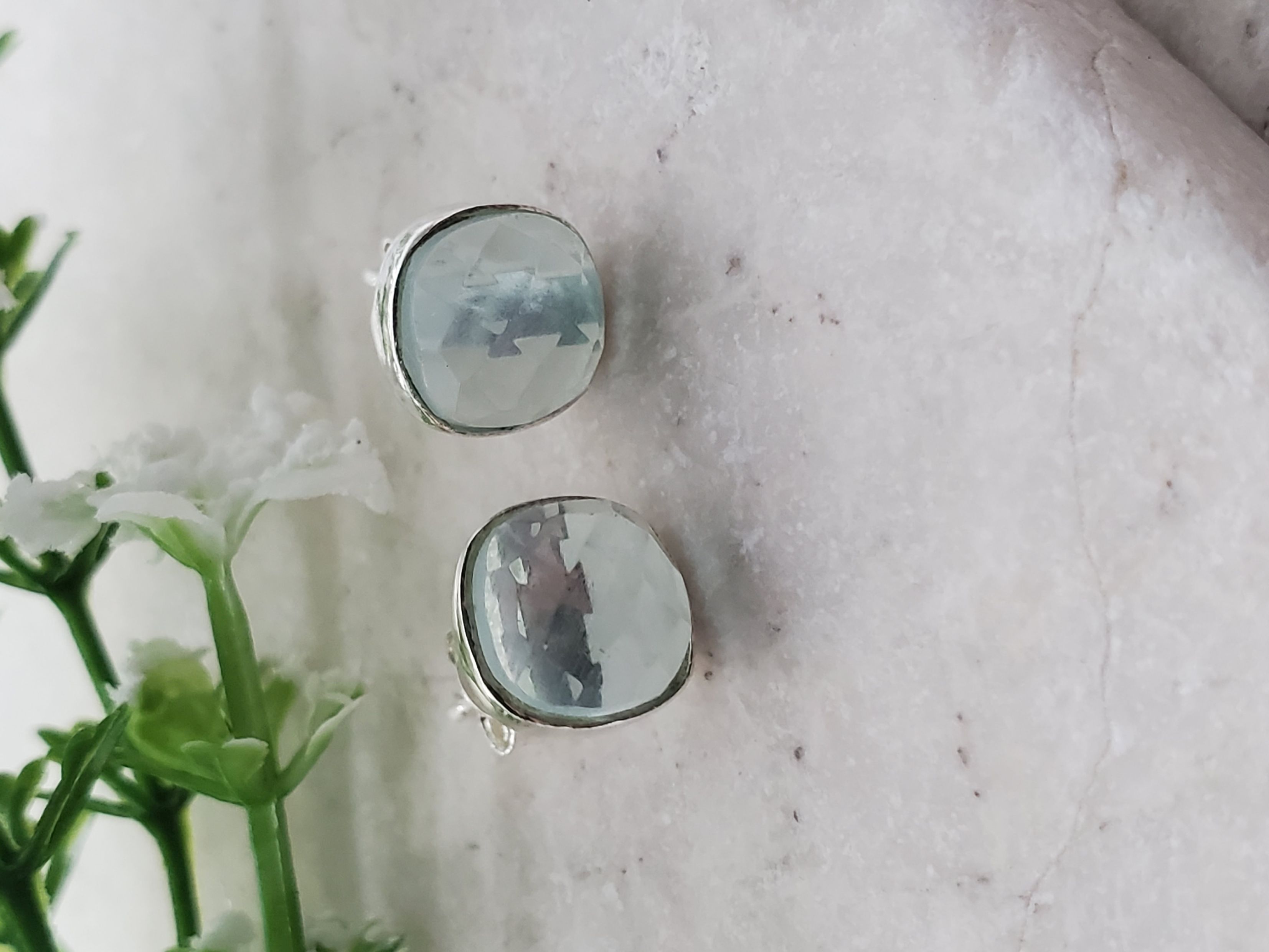 Sterling Silver Cushion Studs - Sea Foam Chalcedony