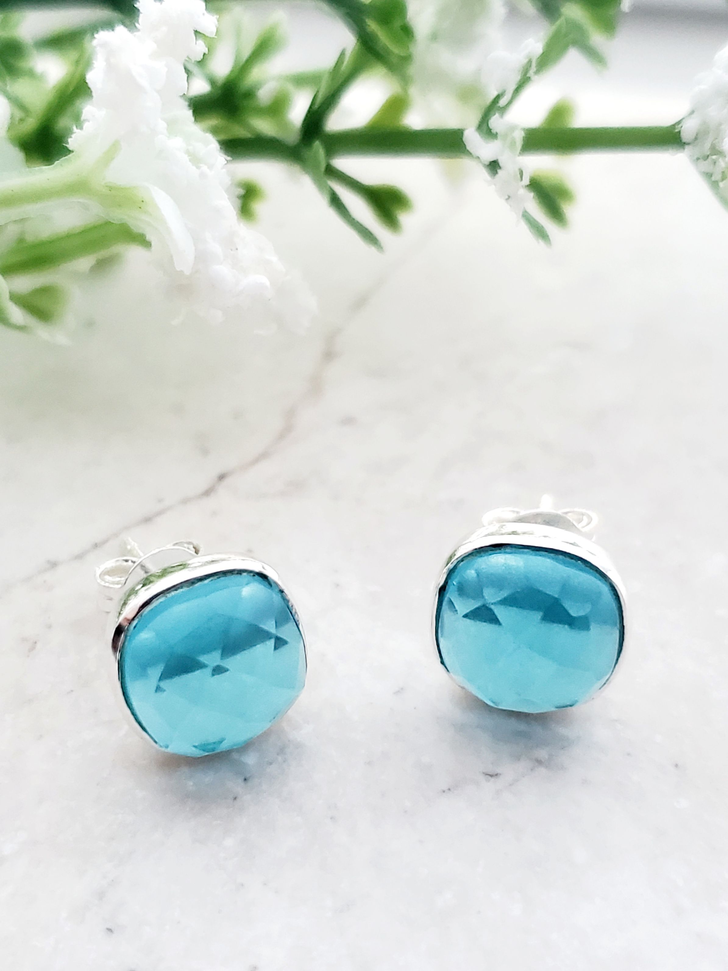 Sterling Silver Cushion Studs - Blue Topaz Quartz