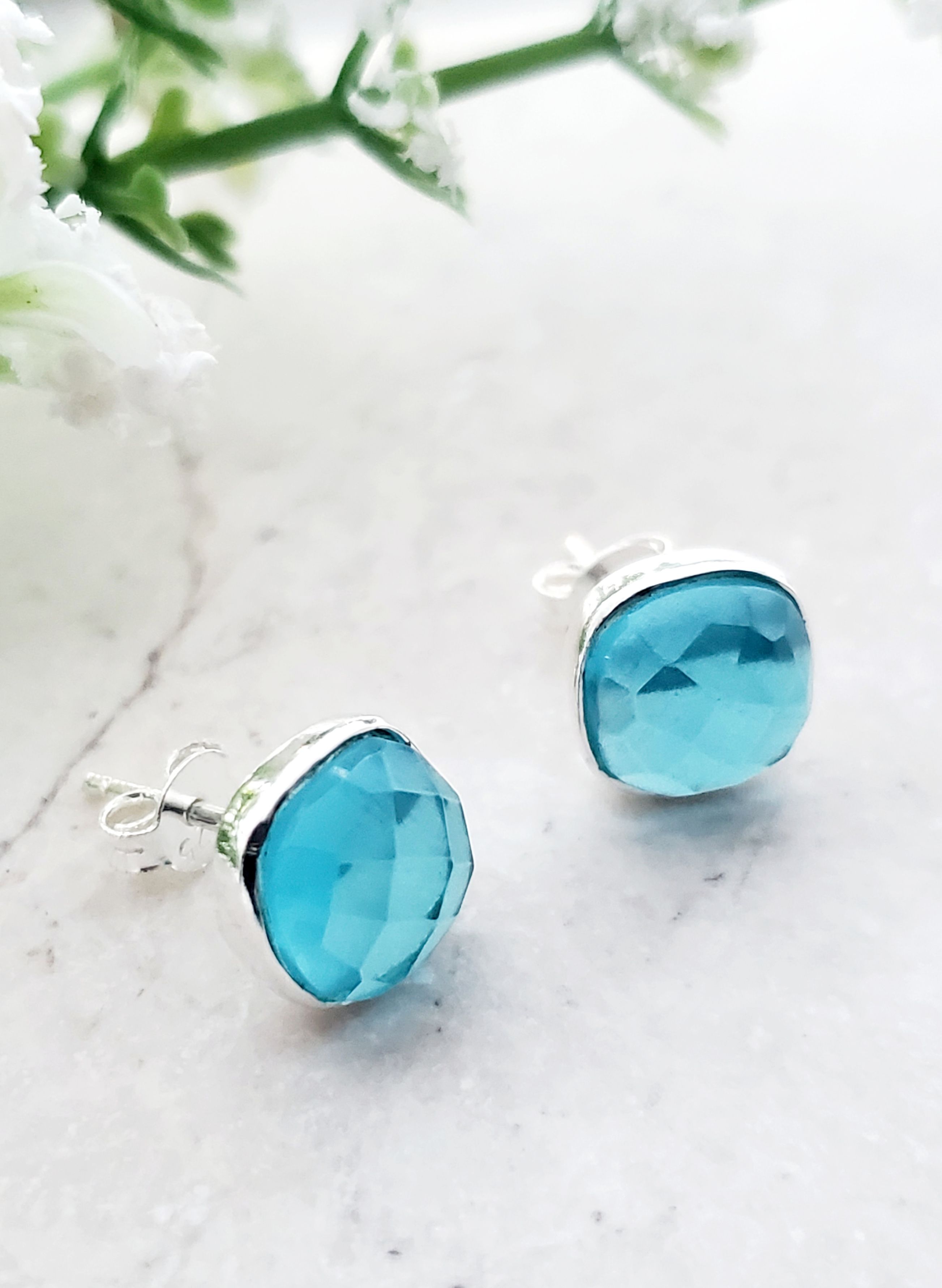 Sterling Silver Cushion Studs - Blue Topaz Quartz