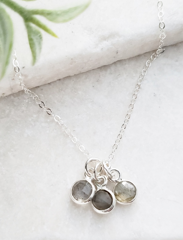 Silver Gemstone Cluster Trio Necklace - Labradorite