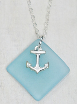 Eco Sea Glass Diamond Anchor Necklace - Turquoise