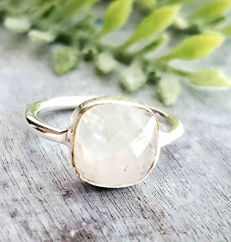 Rainbow Moonstone Cushion Ring in Sterling Silver