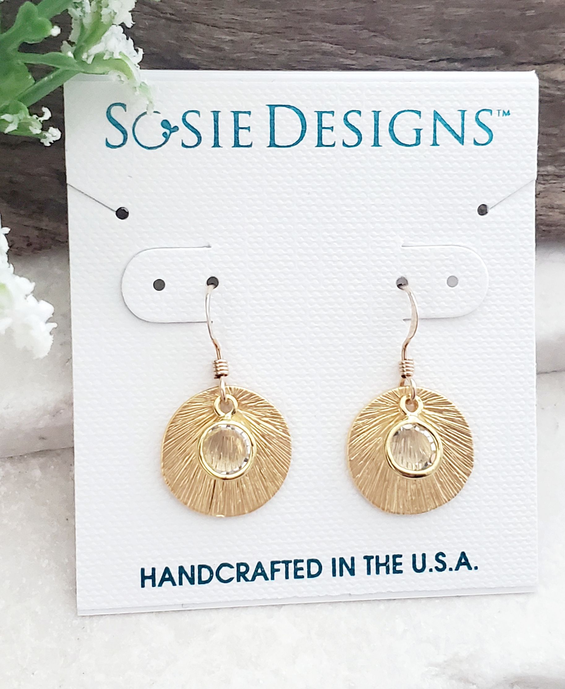 Matte Gold Brushed Crystal Reflections Earring - Clear