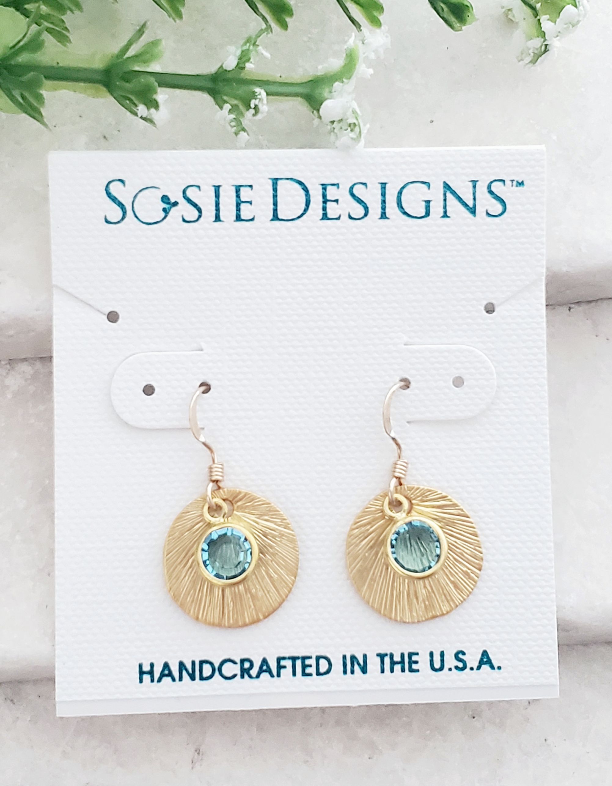 Matte Gold Brushed Crystal Reflections Earring - Aqua