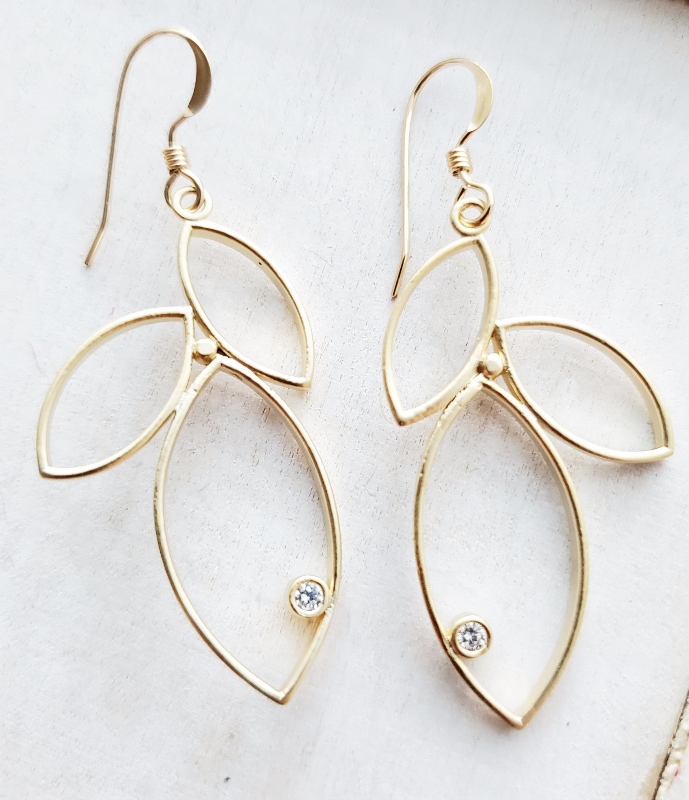 Gold Triple Leaf w/ Crystal Earrings