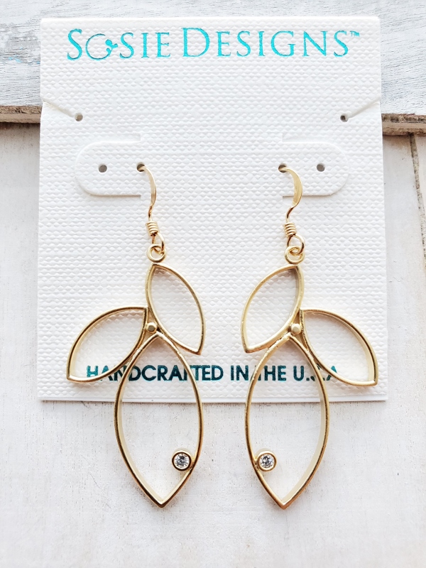 Gold Triple Leaf w/ Crystal Earrings