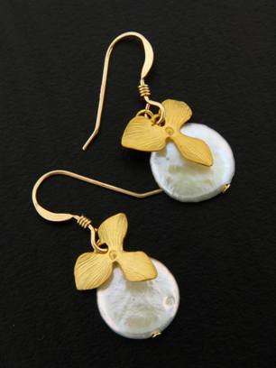 Gold Coin Pearl Orchid Earrings