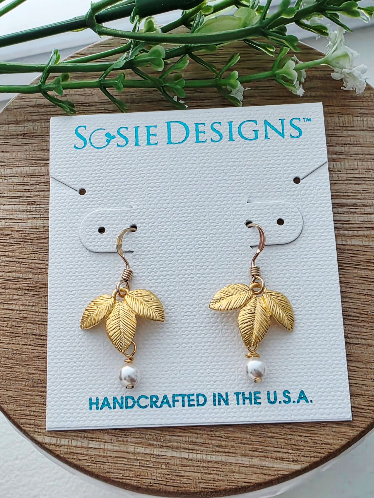 Gold Exotic Matte Leaf w/ Crystal White Pearl Earrings