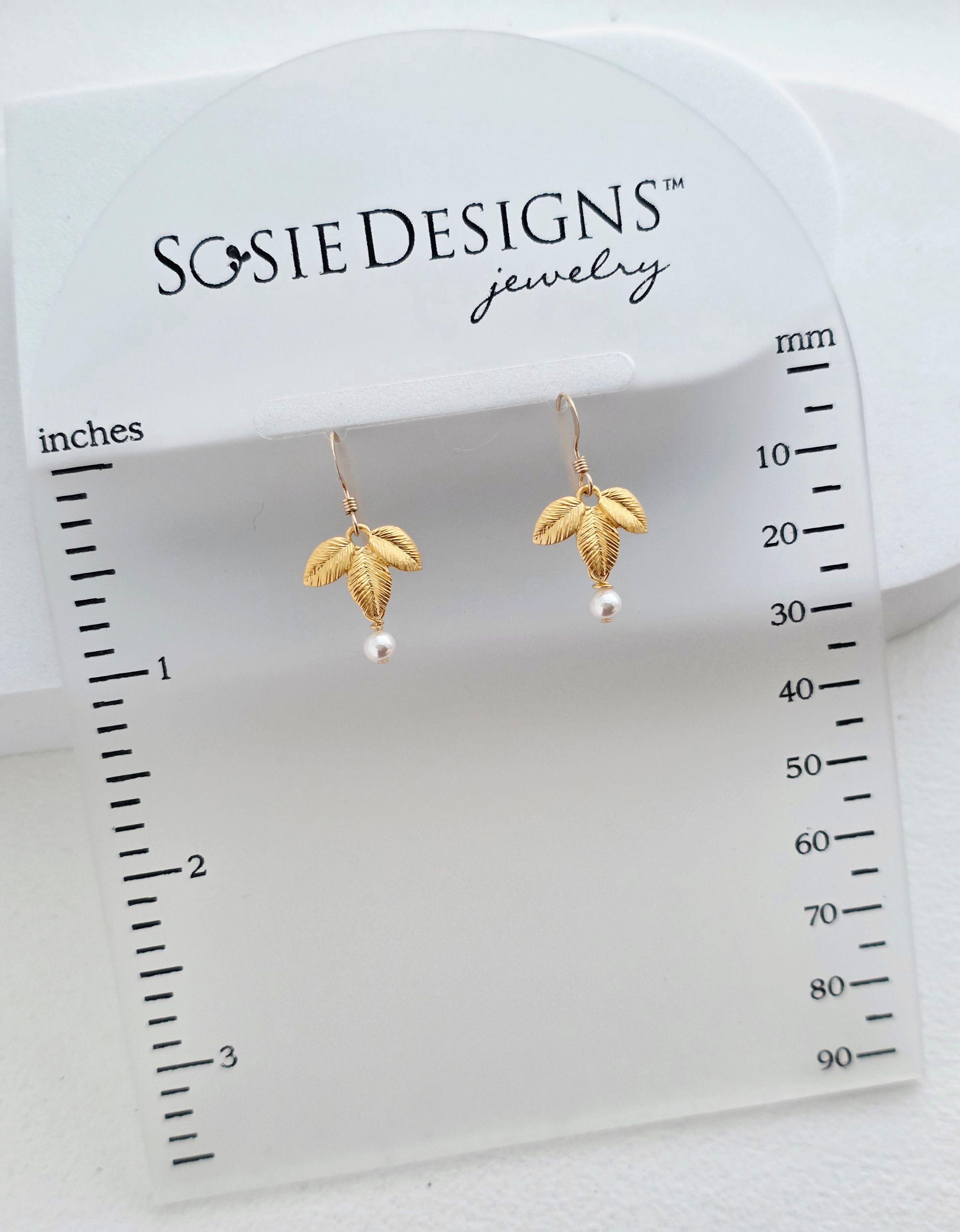 Gold Exotic Matte Leaf w/ Crystal White Pearl Earrings
