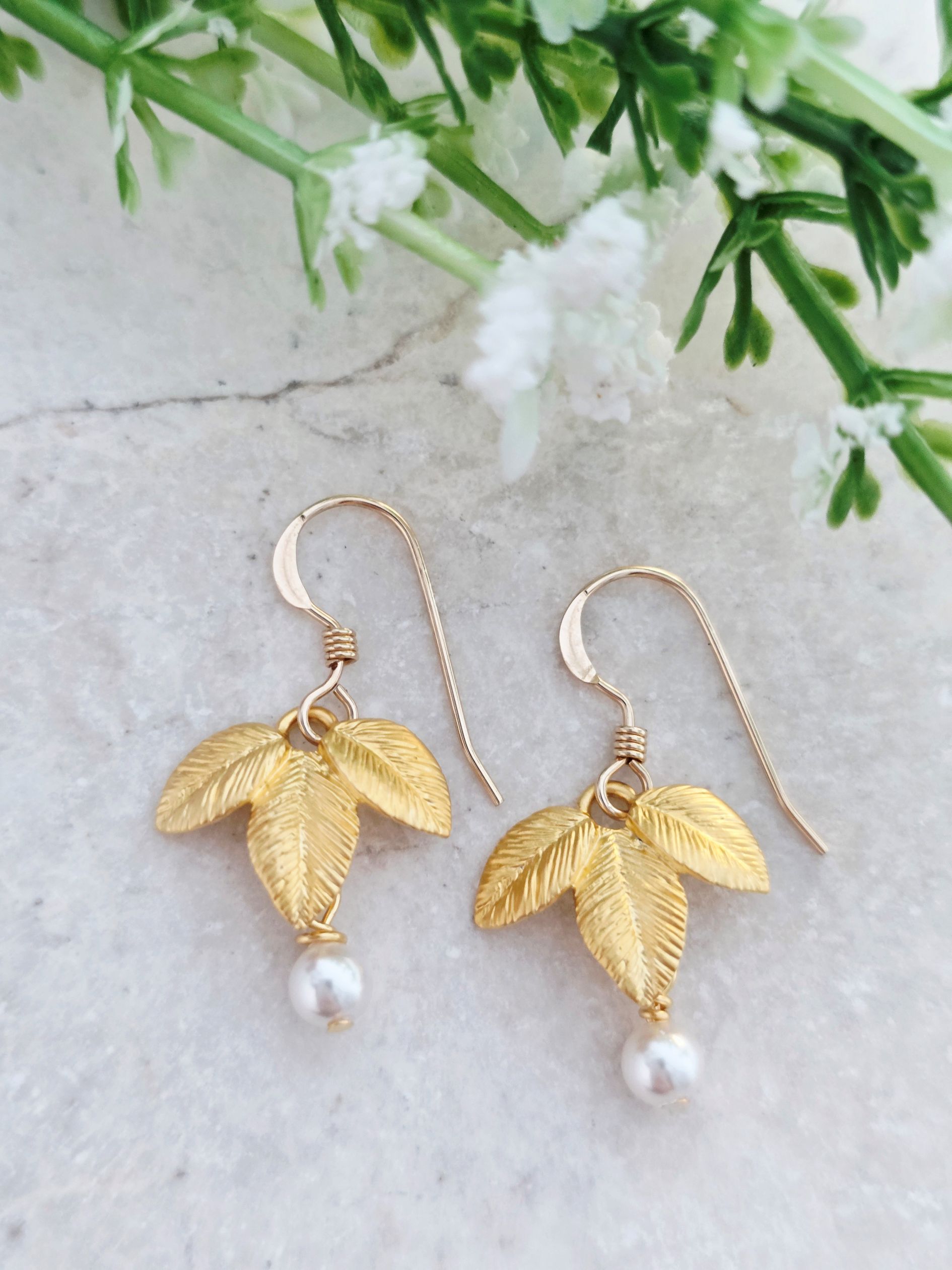 Gold Exotic Matte Leaf w/ Crystal White Pearl Earrings
