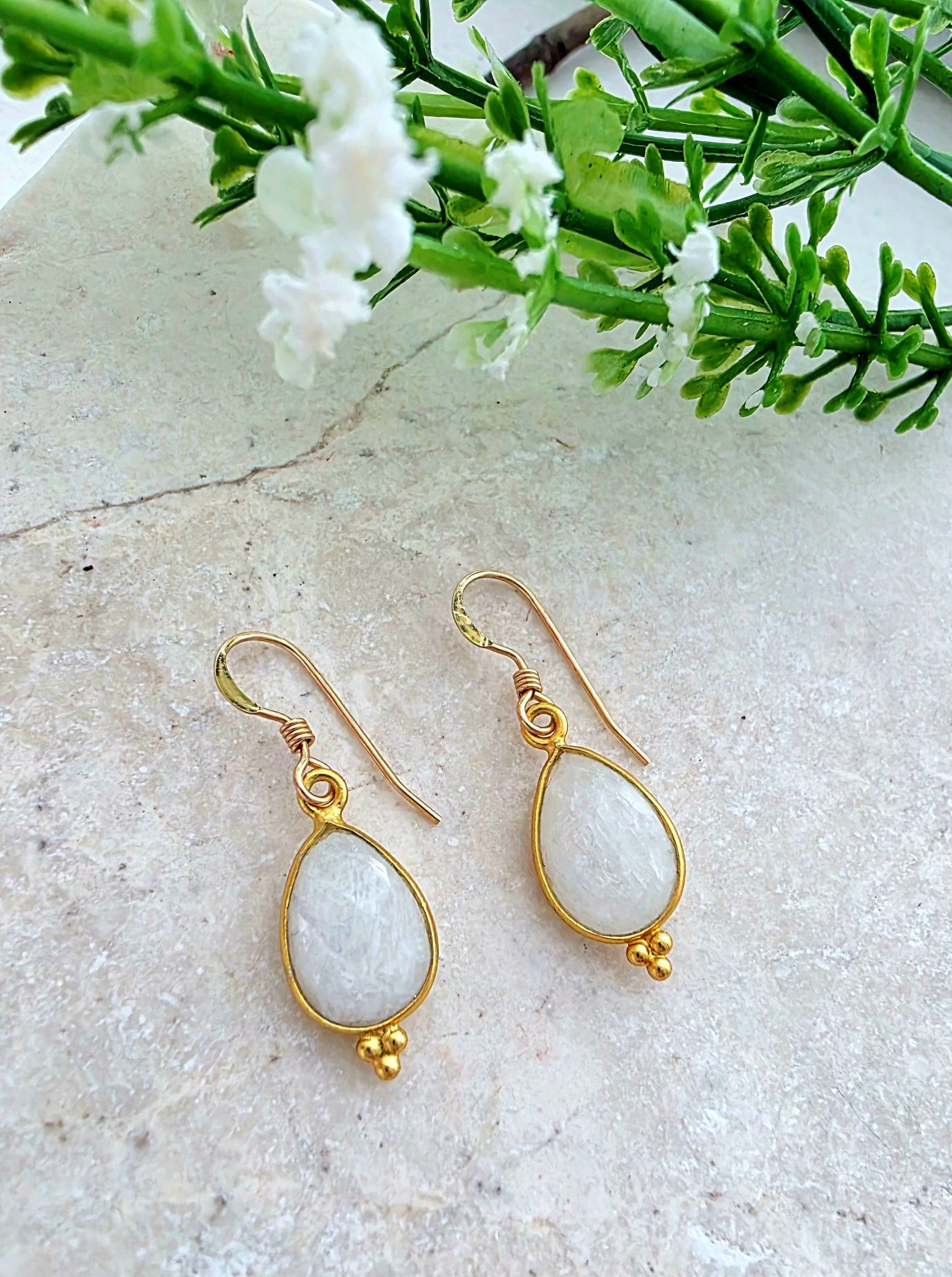 Gold Gemstone Ornate Teardrop Earrings - Rainbow Moonstone