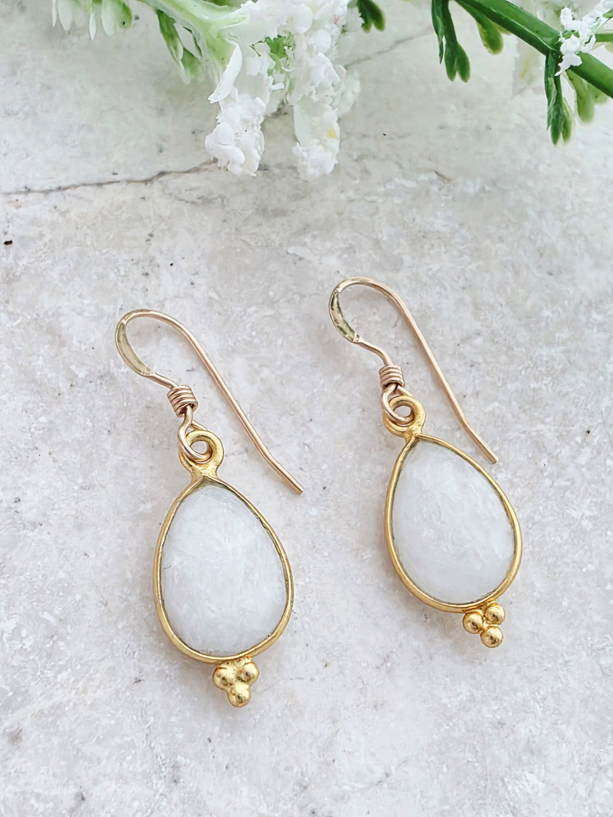 Gold Gemstone Ornate Teardrop Earrings - Rainbow Moonstone