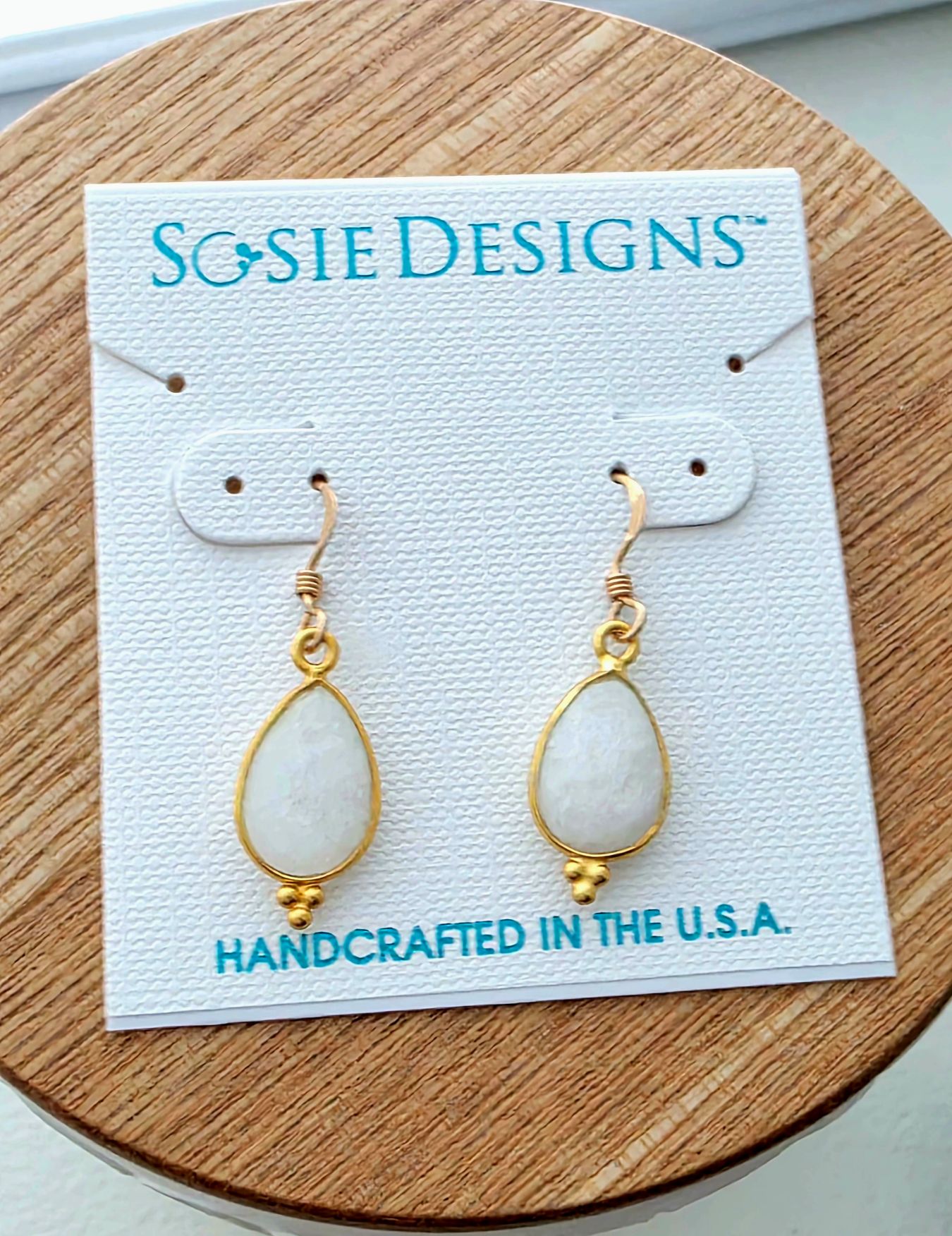 Gold Gemstone Ornate Teardrop Earrings - Rainbow Moonstone