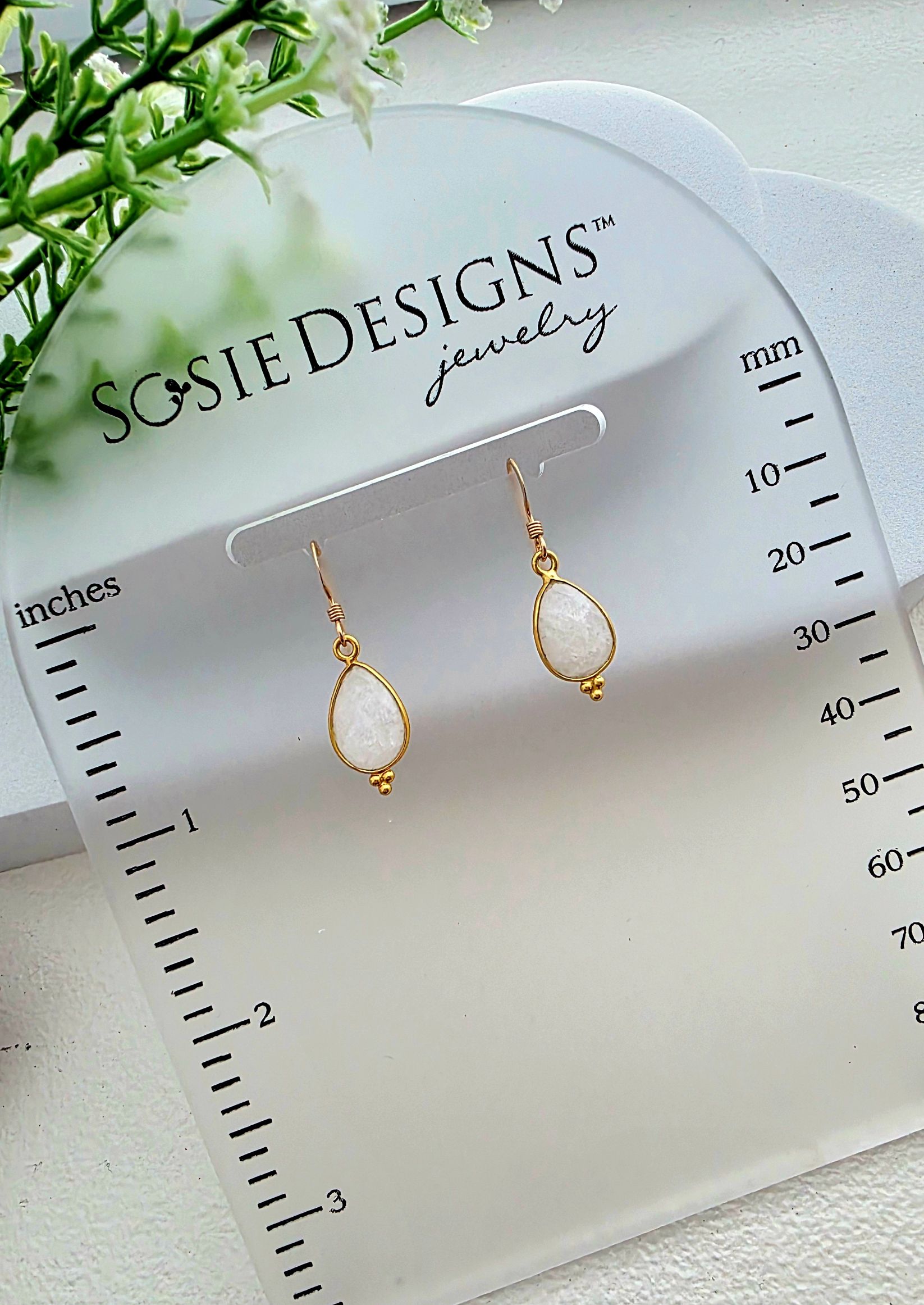Gold Gemstone Ornate Teardrop Earrings - Rainbow Moonstone
