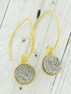 Gold Bezel Druzy Marquis Earrings - Grey