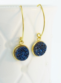 Gold Bezel Druzy Marquis Earrings - Blue