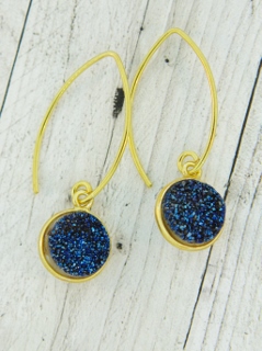 Gold Bezel Druzy Marquis Earrings - Blue