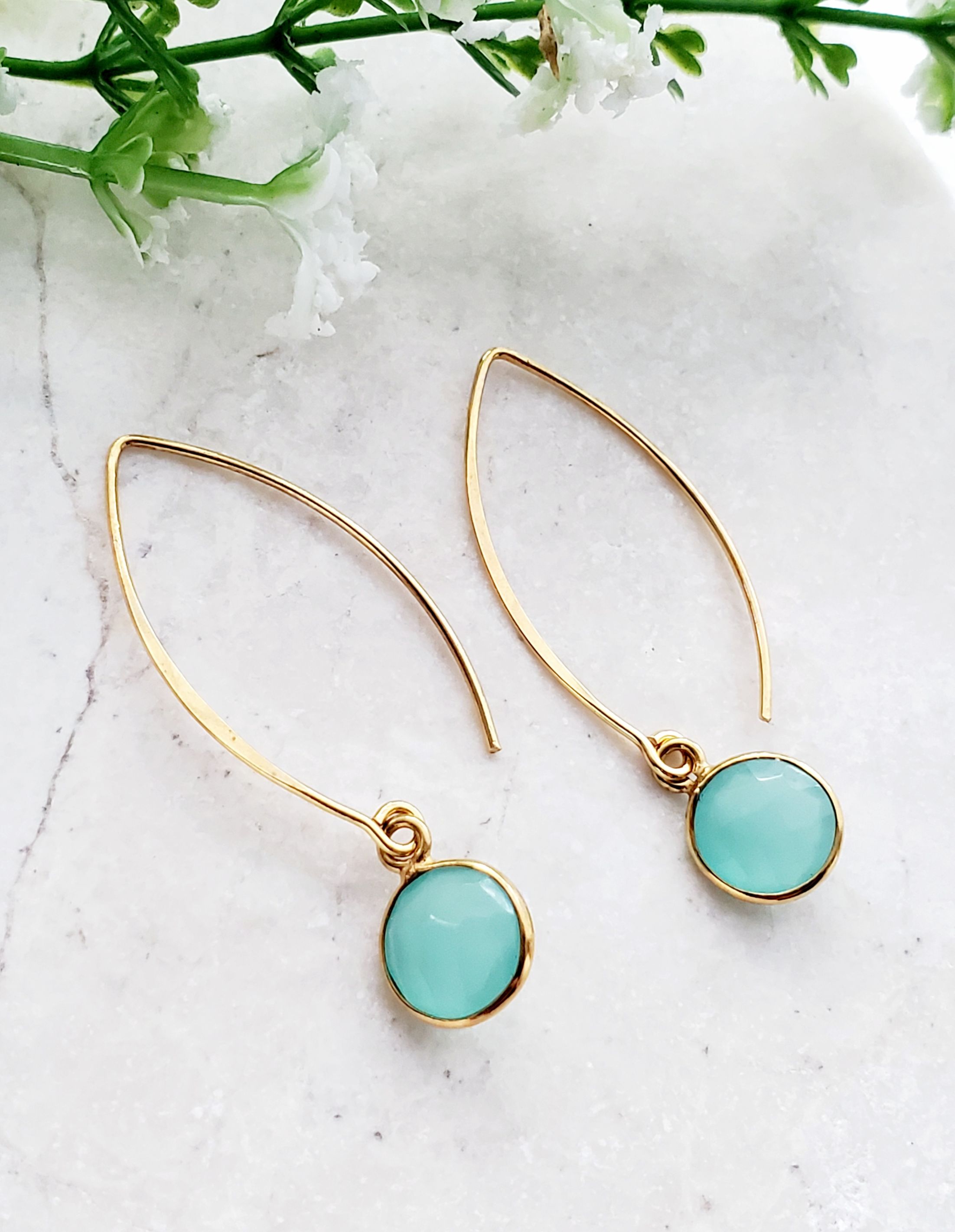 Vermeil Gold Medium Marquis Round Earrings - Chalcedony