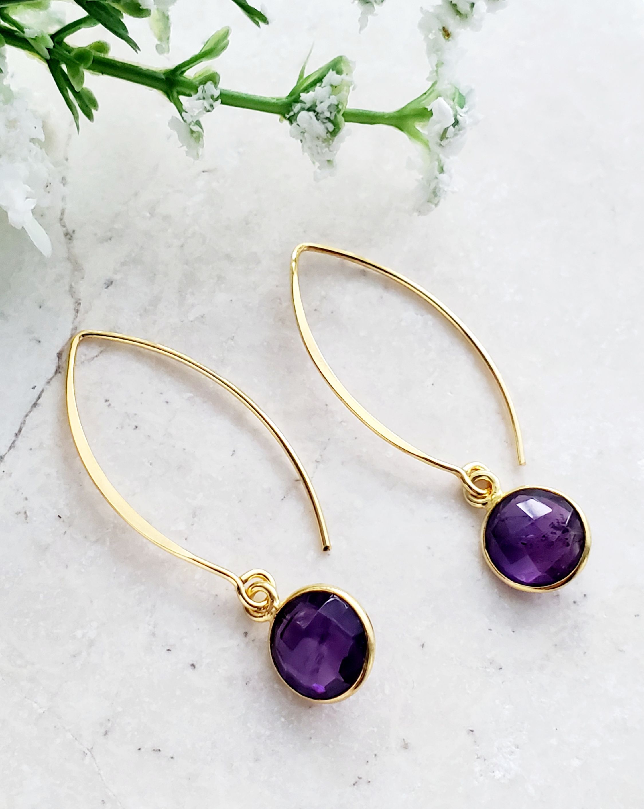 Vermeil Gold Medium Marquis Round Earrings - Amethyst