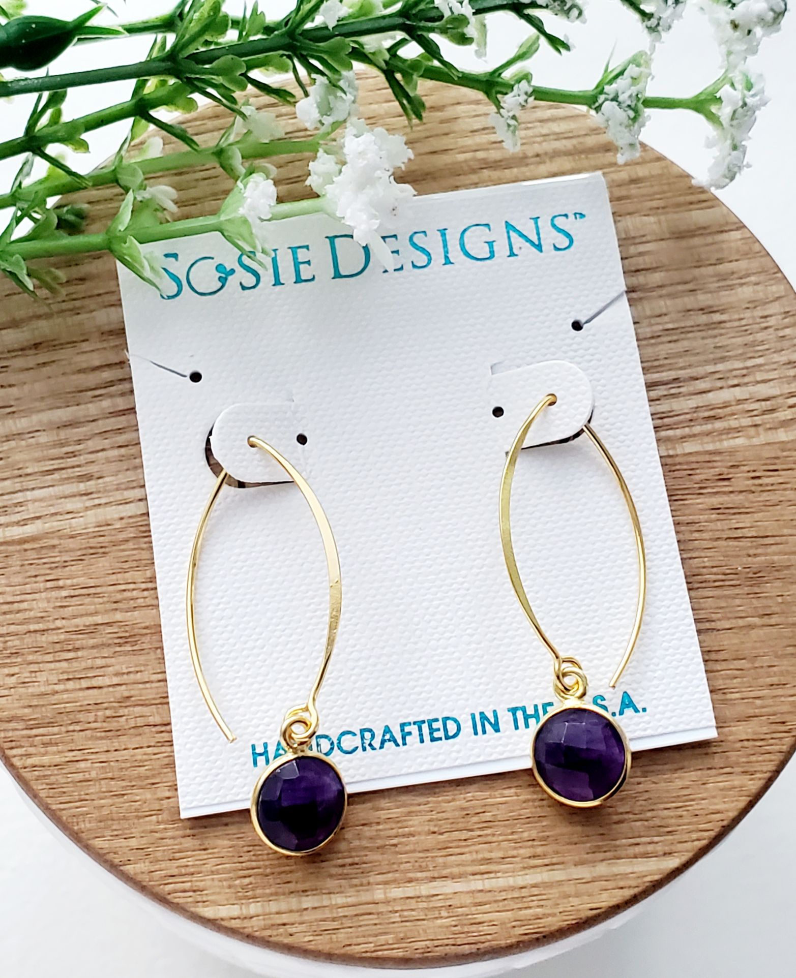 Vermeil Gold Medium Marquis Round Earrings - Amethyst