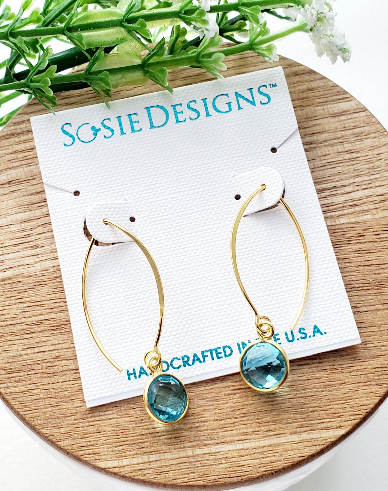 Vermeil Gold Medium Marquis Round Earrings - Blue Topaz