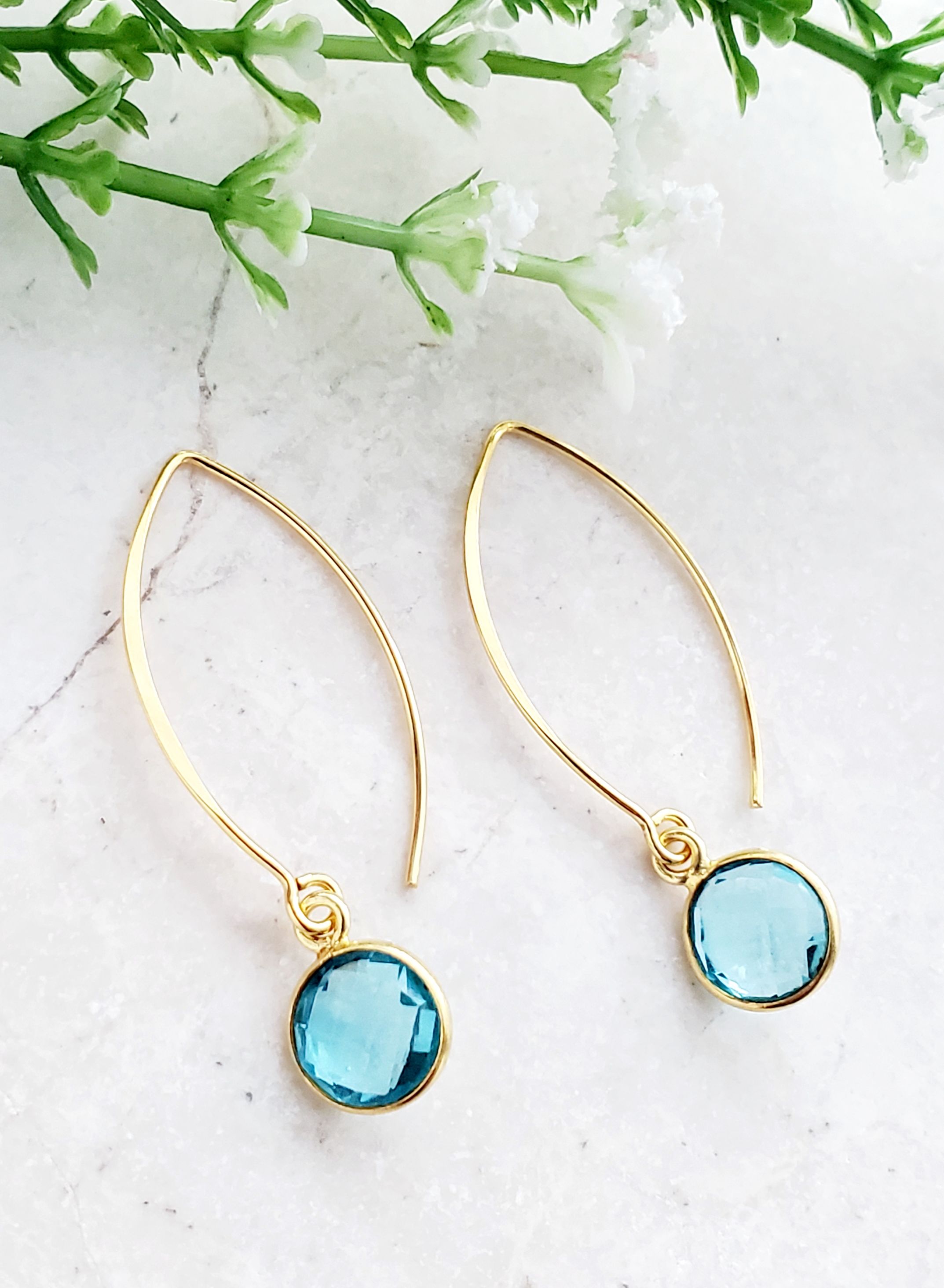 Vermeil Gold Medium Marquis Round Earrings - Blue Topaz