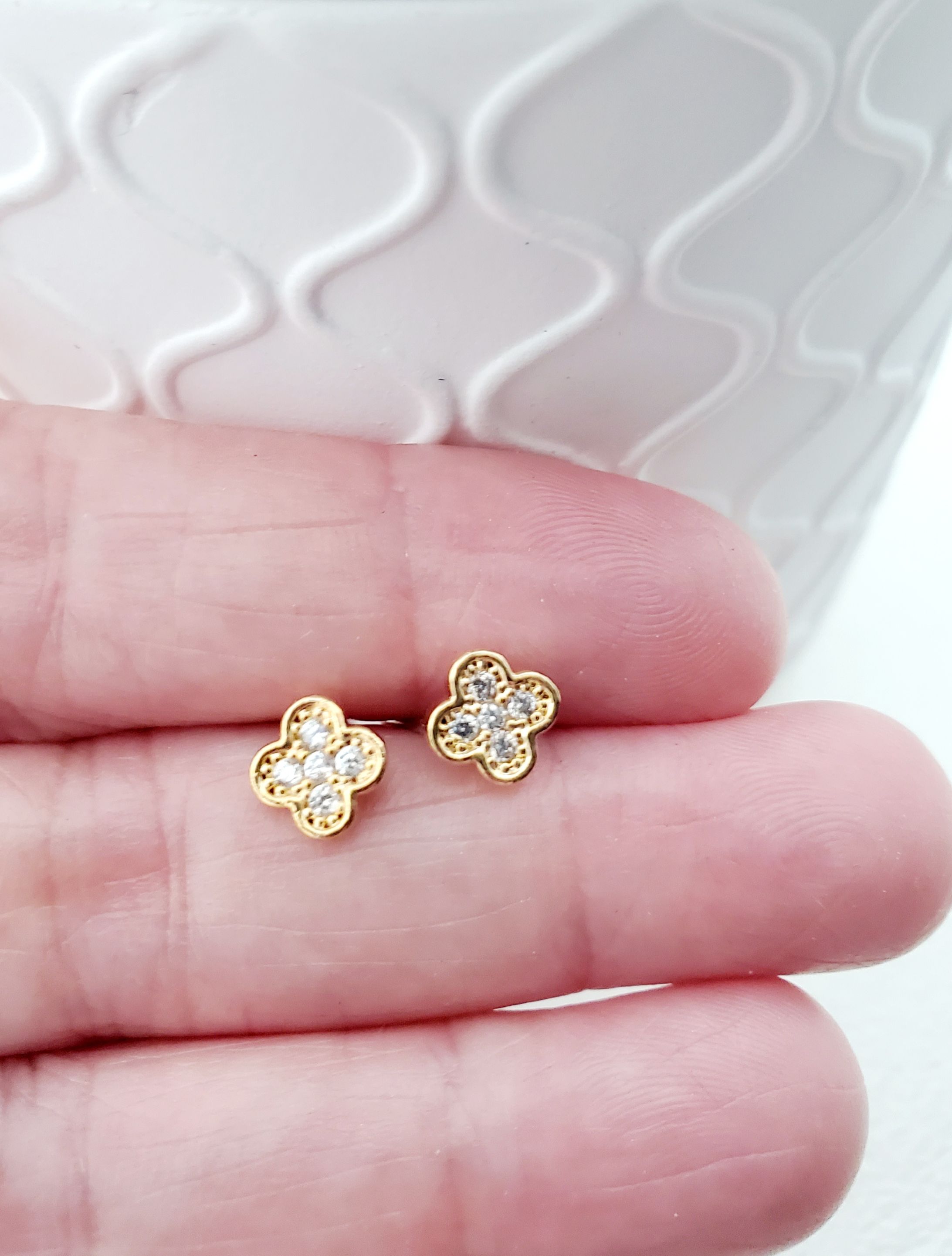 Gold Tiny Clover CZ Studs - Clear