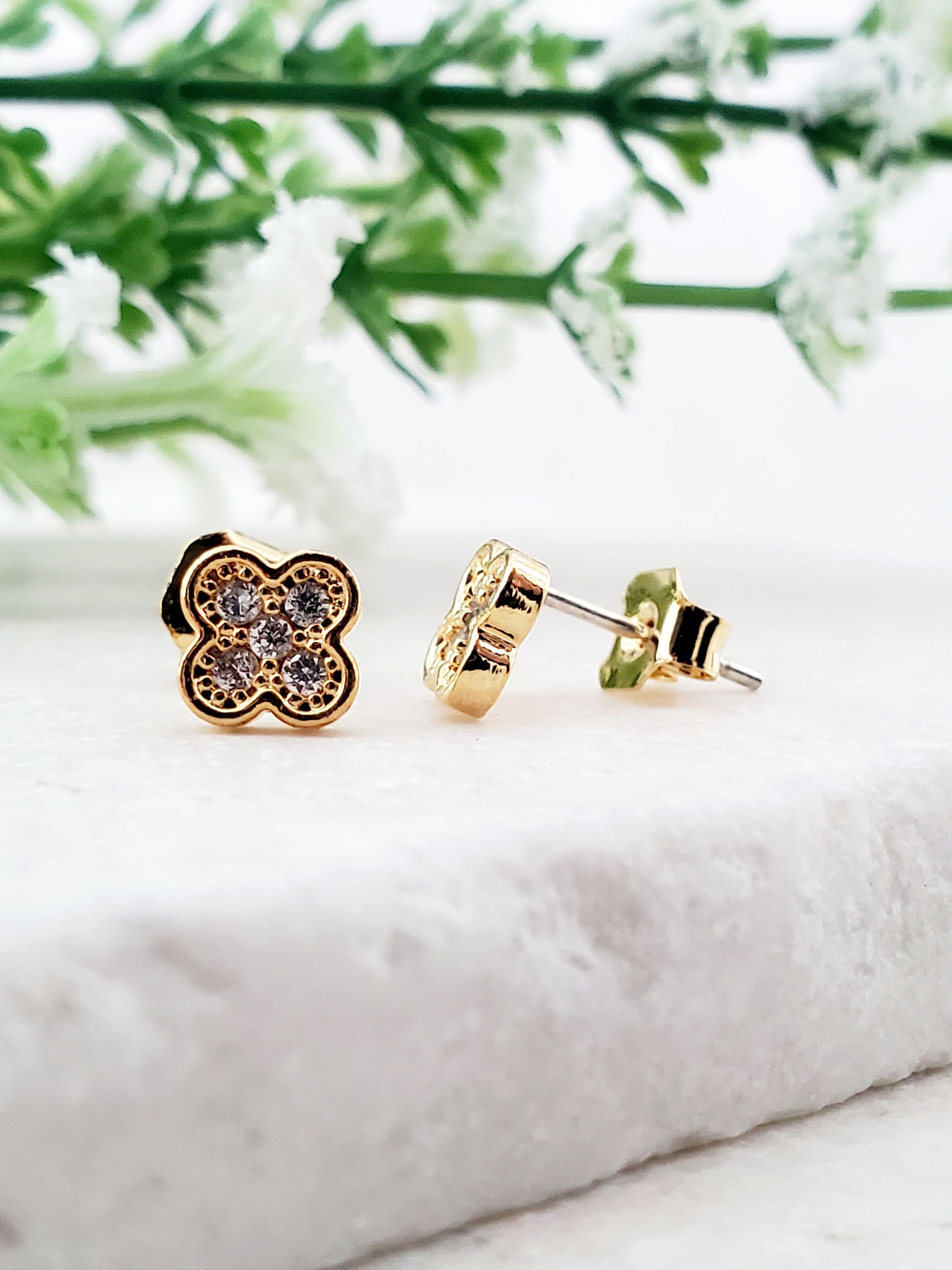 Gold Tiny Clover CZ Studs - Clear