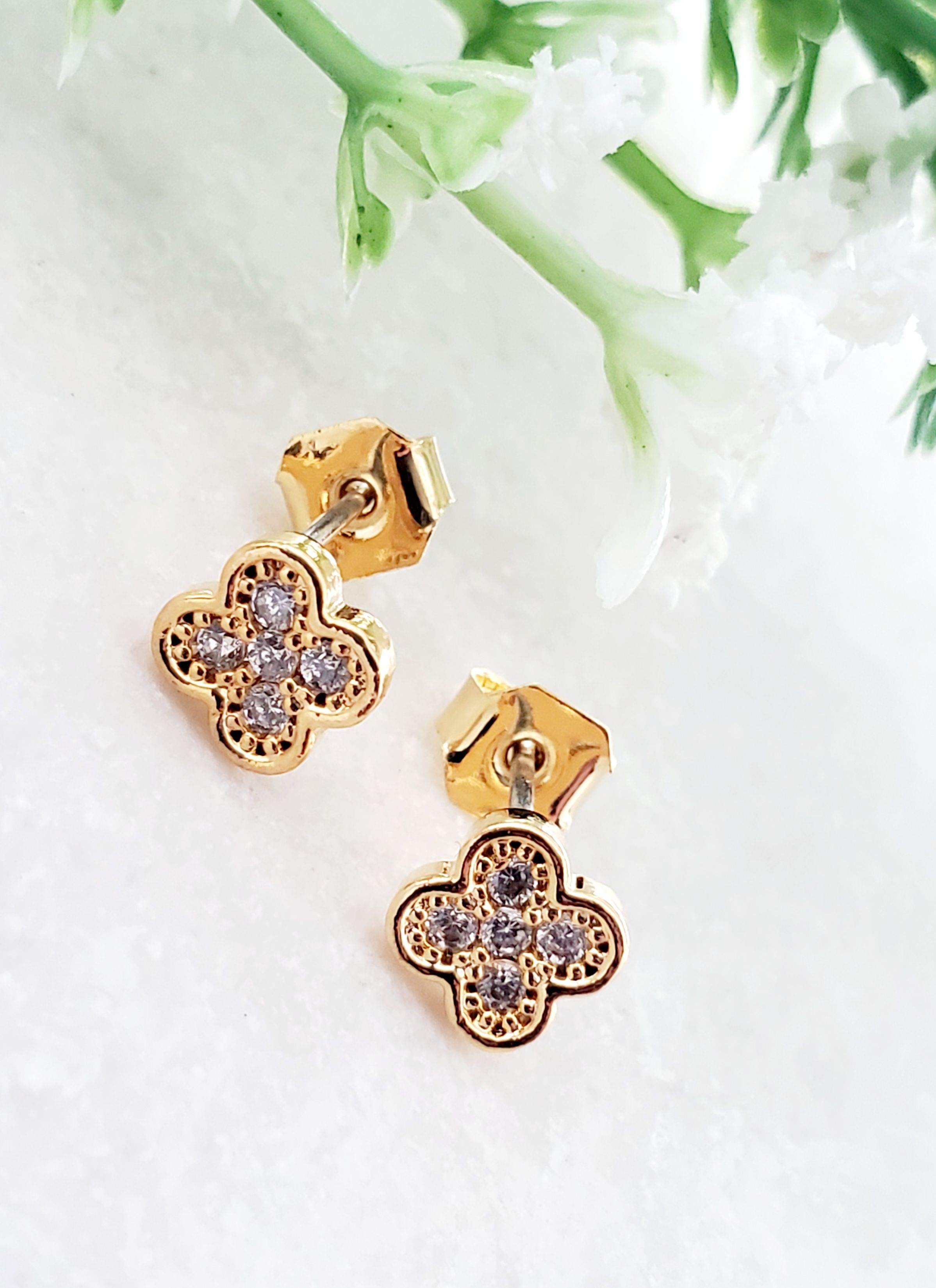 Gold Tiny Clover CZ Studs - Clear