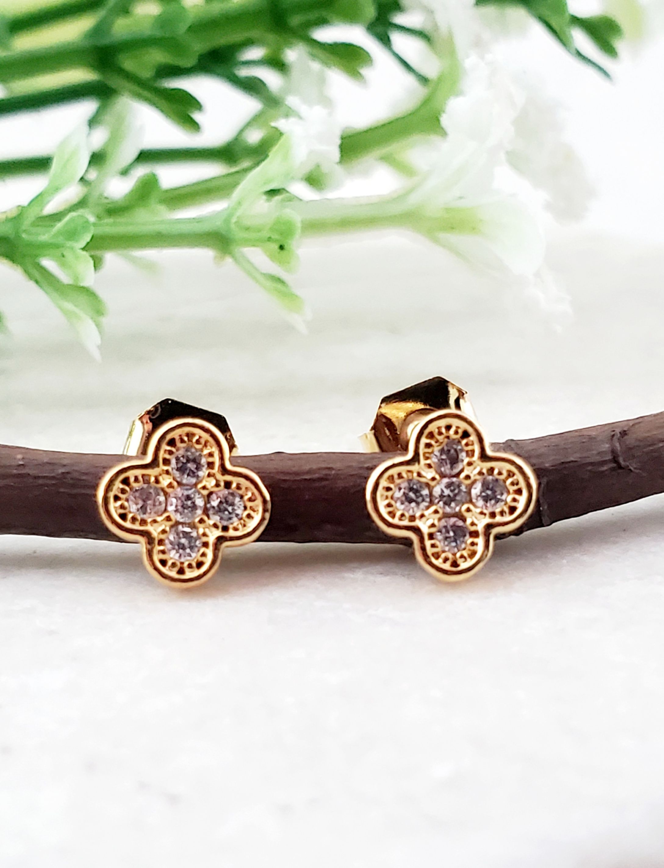 Gold Tiny Clover CZ Studs - Clear