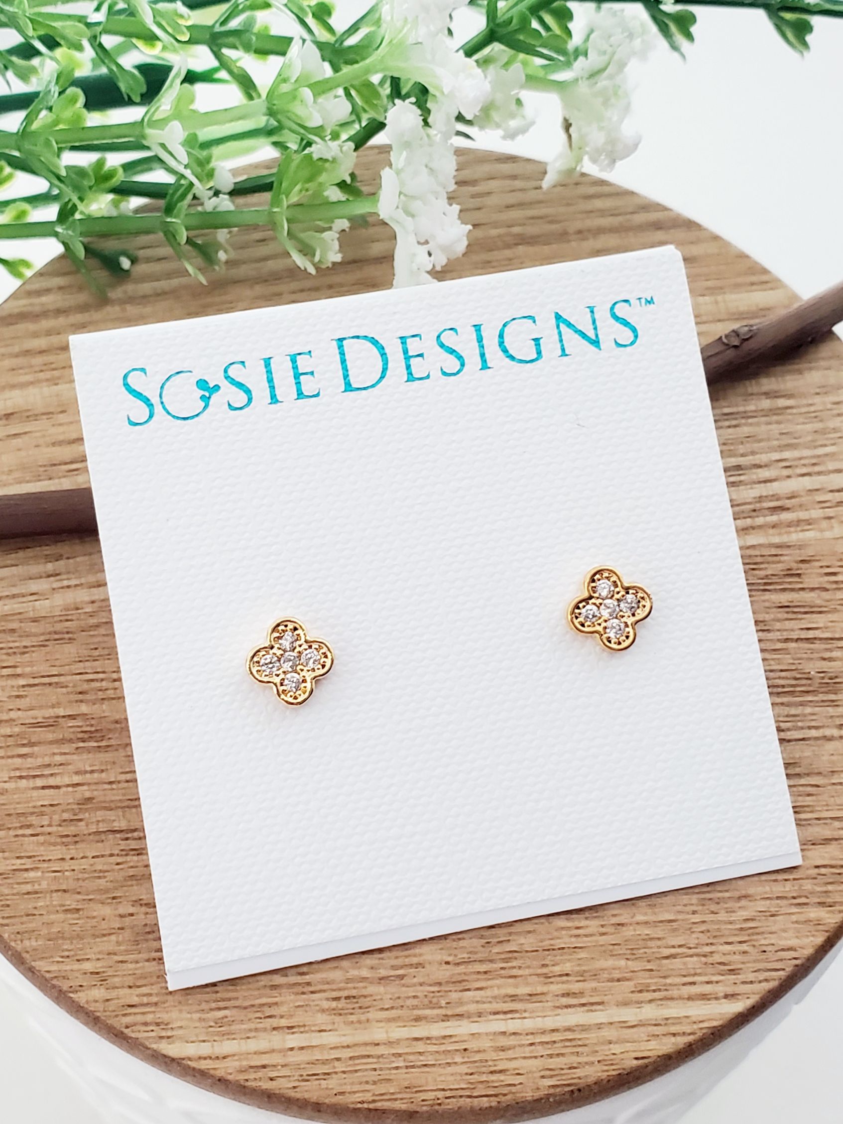 Gold Tiny Clover CZ Studs - Clear
