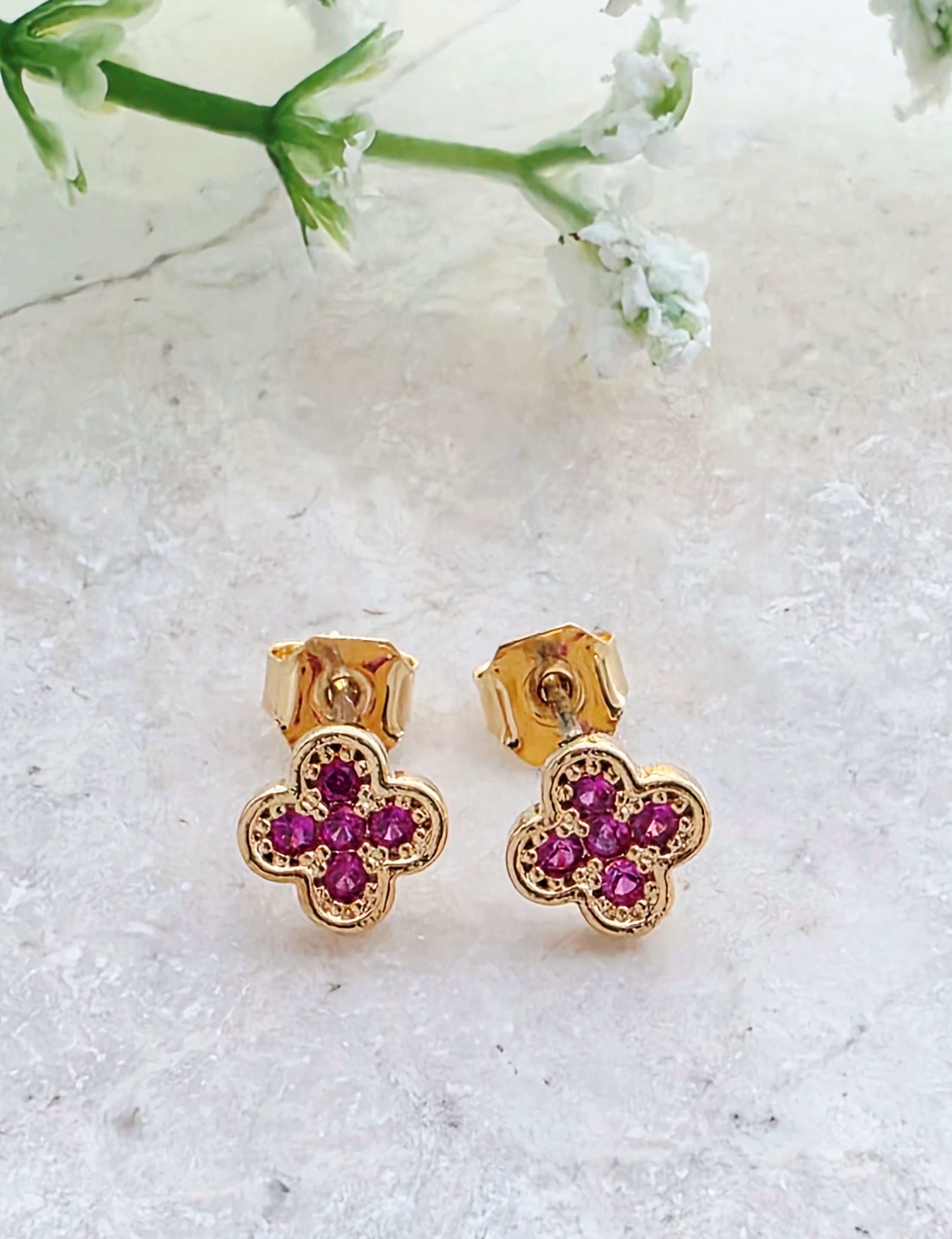 Gold Tiny Clover CZ Studs - Rose