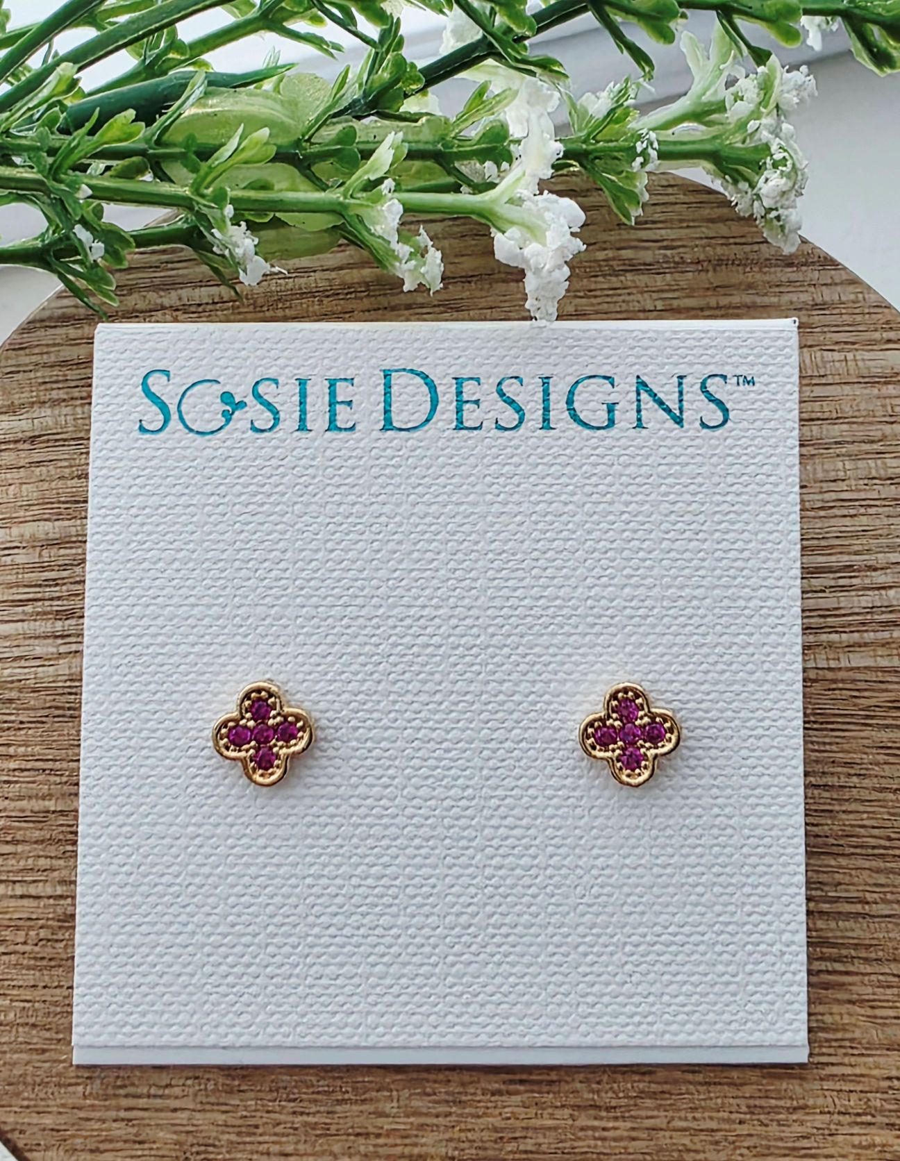 Gold Tiny Clover CZ Studs - Rose