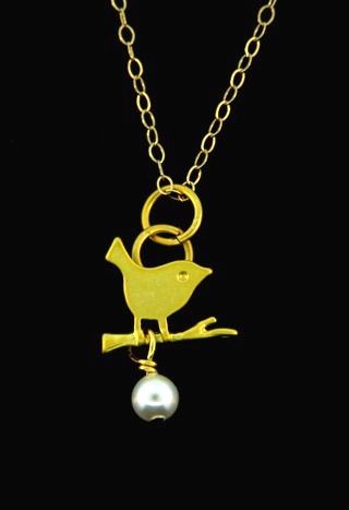 Gold Pearl Crystal Little Birdie Necklace