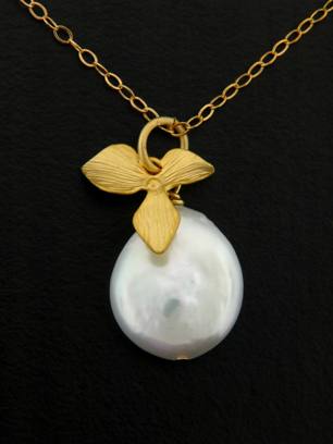 Gold Coin Pearl Orchid Necklace