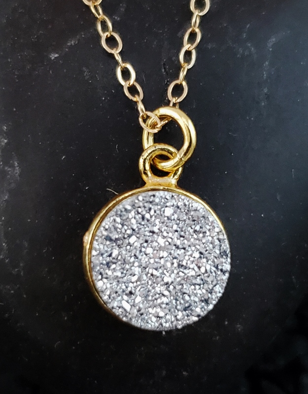 Gold Round Bezel Druzy Necklace - Silver