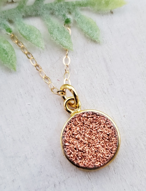 Gold Round Bezel Druzy Necklace - Copper