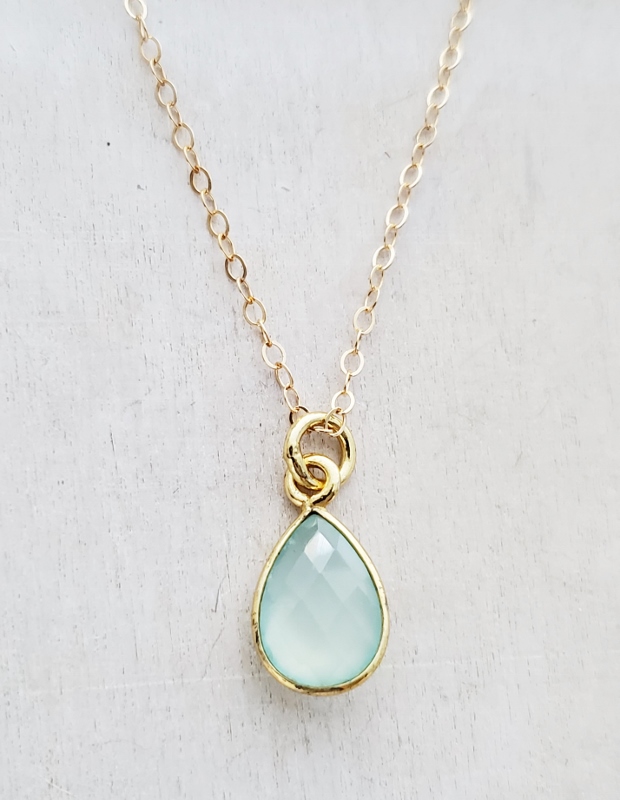 Gold Teardrop Aqua Chalcedony Necklace