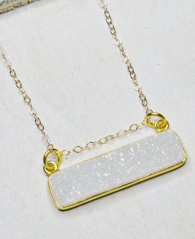 Gold Druzy Bar Sideways Necklace - Rainbow White