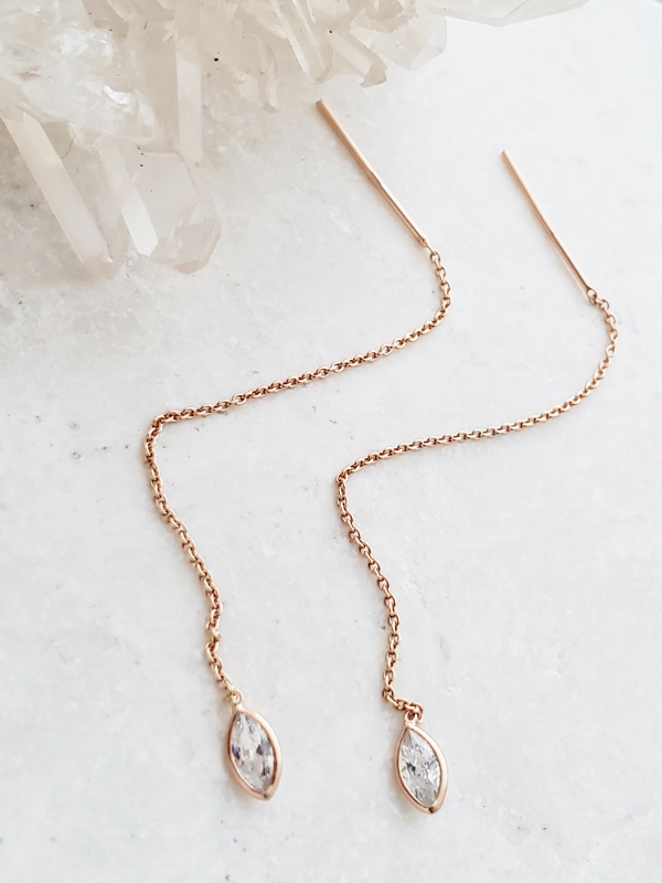 Rose Gold Crystal Threader Earrings - Clear
