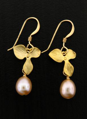 Gold Pink Pearl Orchid Earrings