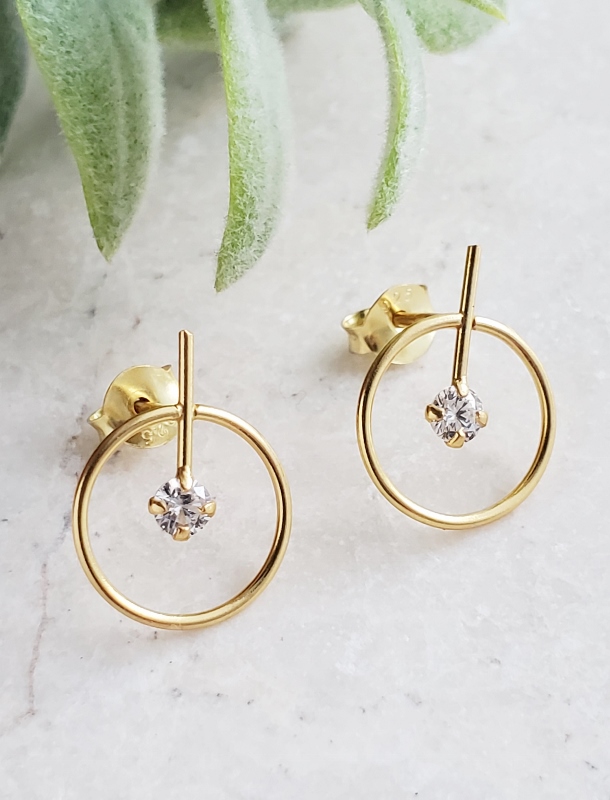 Gold Circle with Bar CZ Studs- Clear
