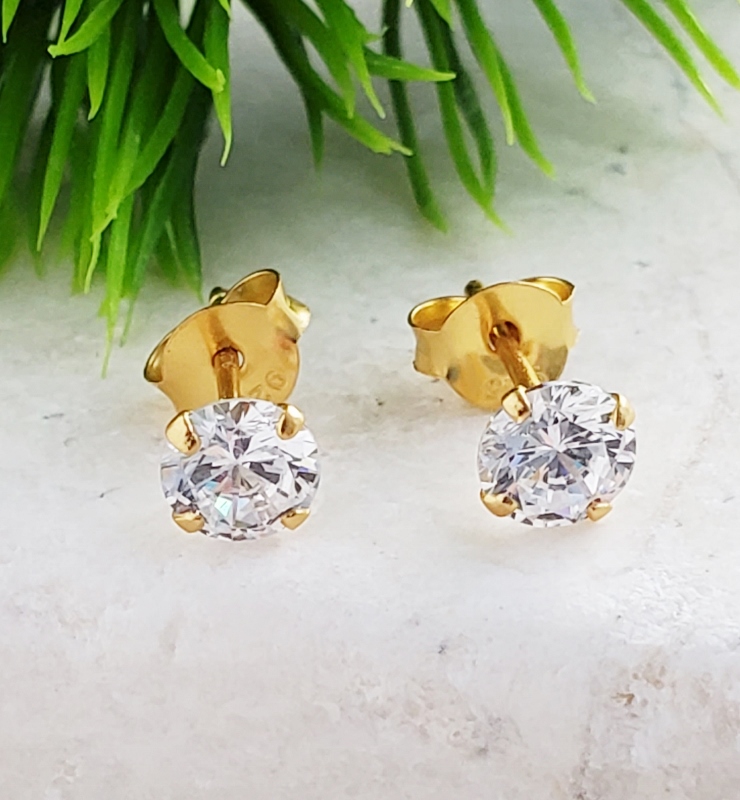 Gold CZ Round Studs Earrings - Clear