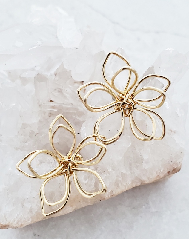Gold Wire-Wrapped Lotus Studs Earrings