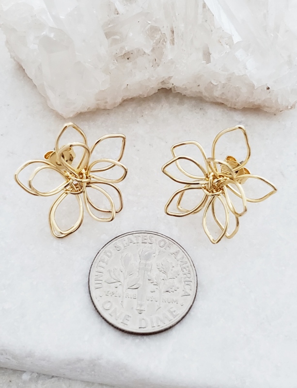 Gold Wire-Wrapped Lotus Studs Earrings