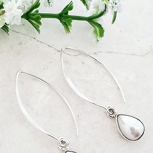 Sterling Silver Flat Marquis Bezeled Teardrop Earring - Pearl