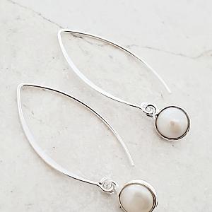 Sterling Silver Flat Marquis Round Bezeled Earring - Pearl