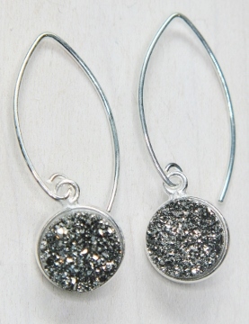 Silver Bezel Druzy Marquis Earrings - Grey