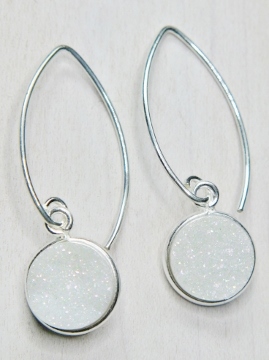 Silver Bezel Druzy Marquis Earrings - Rainbow White
