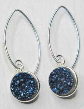 Silver Bezel Druzy Marquis Earrings - Blue